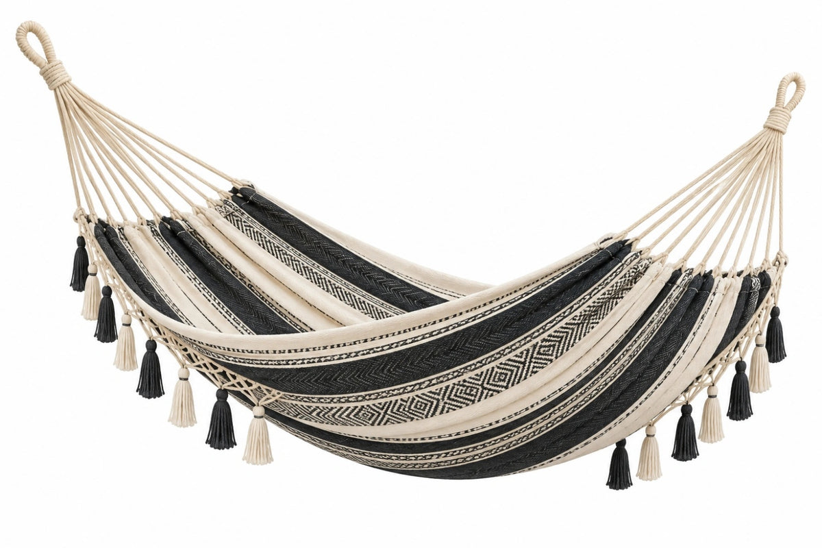 Amaca 200 x 100 cm in cotone nero e beige con frange stile bohémien - CORMELVIA