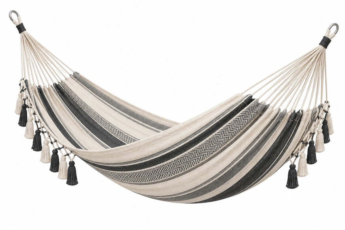 Amaca 320 x 150 cm in cotone beige e grigio con nappe per relax - CORMELVIA