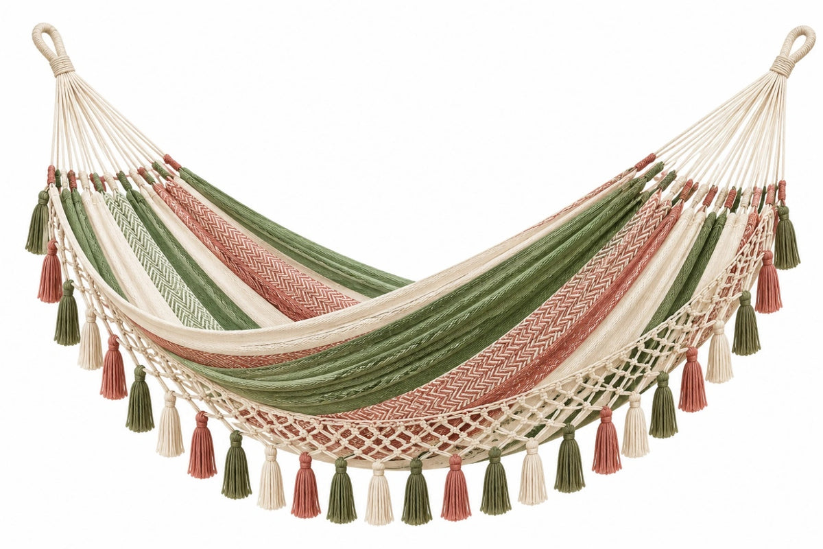 Amaca 200 x 150 cm in cotone verde crema terracotta con frange stile bohémien - CORMELVIA
