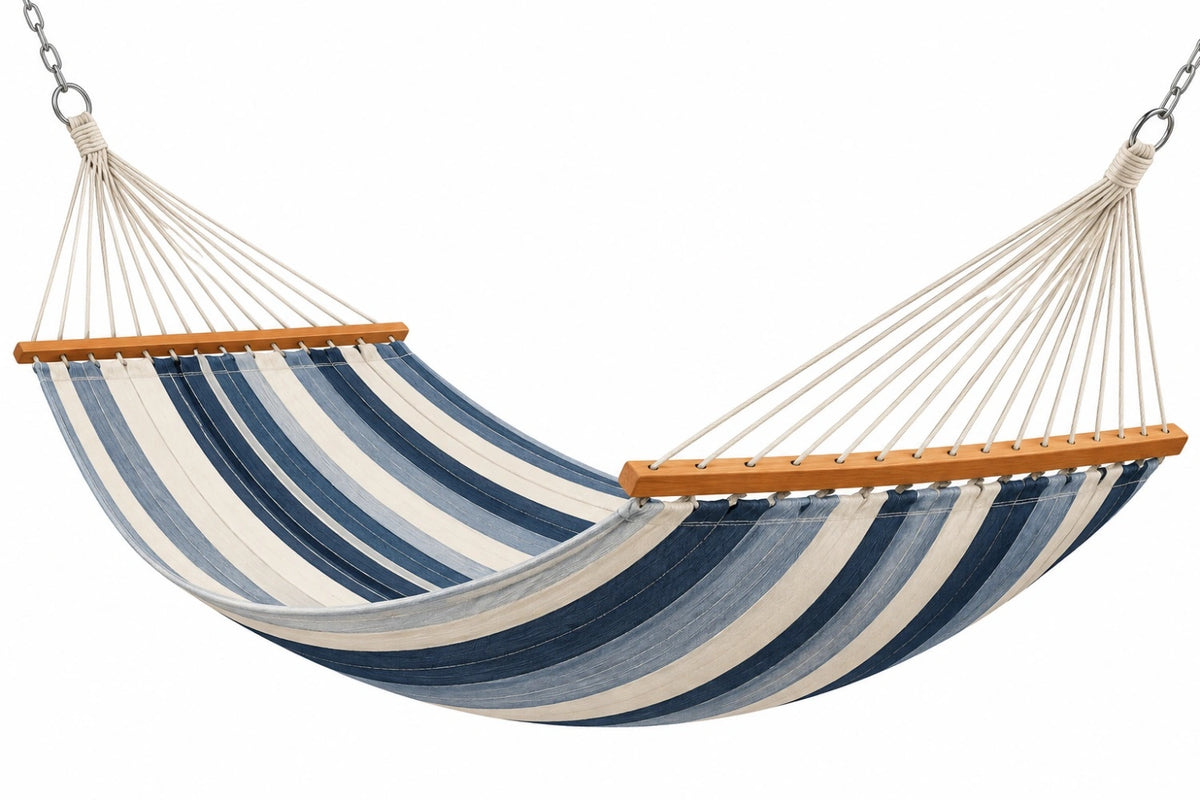 Amaca 320 x 100 cm in tessuto blu e bianco con barre in legno - sospesa da giardino - CORMELVIA