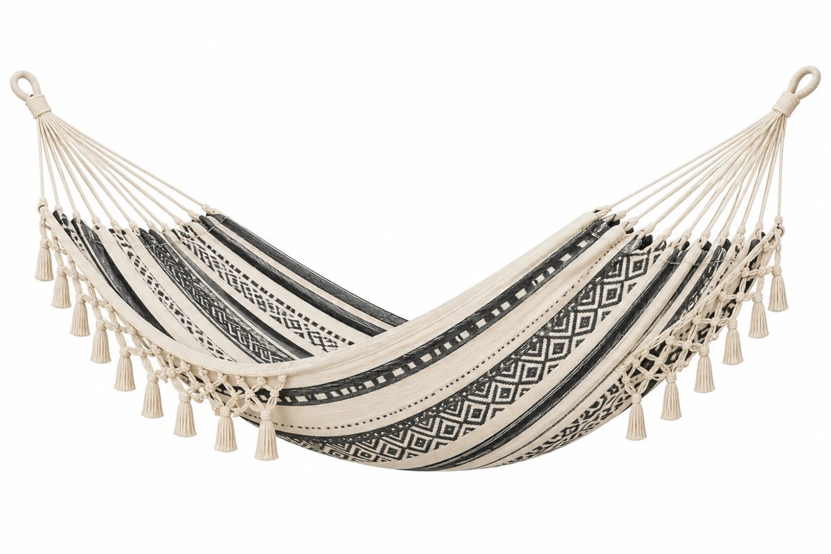 Amaca 200 x 100 cm in cotone beige e nero con frange per giardino - CORMELVIA