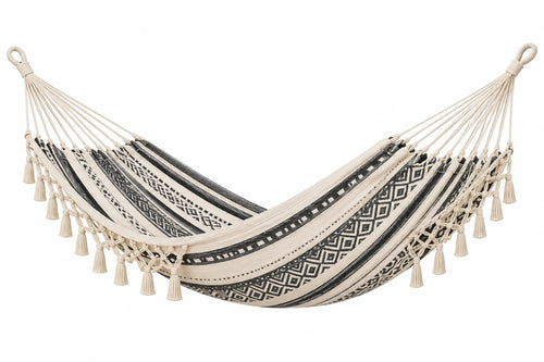 Amaca 200 x 100 cm in cotone beige e nero con frange per giardino - CORMELVIA