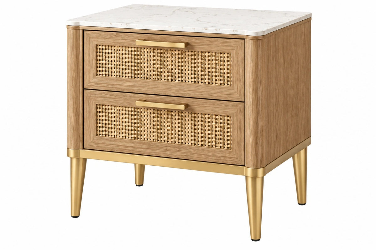 Comodino 60 x 45 x 65 cm in legno beige con rattan e piano effetto marmo - due cassetti stile moderno - CORMELVIA