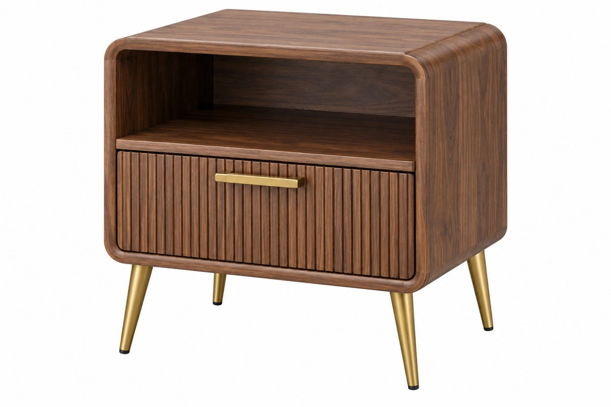 Comodino 60 x 45 x 65 cm in legno noce con cassetto e gambe dorate stile moderno - CORMELVIA
