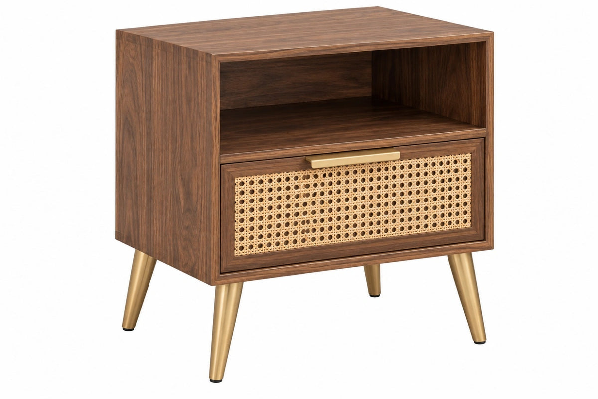 Comodino 60 x 40 x 65 cm in legno marrone con anta in rattan stile moderno - CORMELVIA