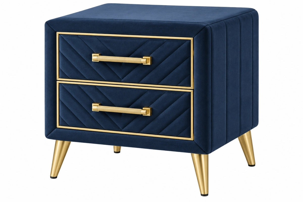 Comodino 55 x 40 x 60 cm in velluto blu navy con 2 cassetti e gambe metalliche dorate - CORMELVIA