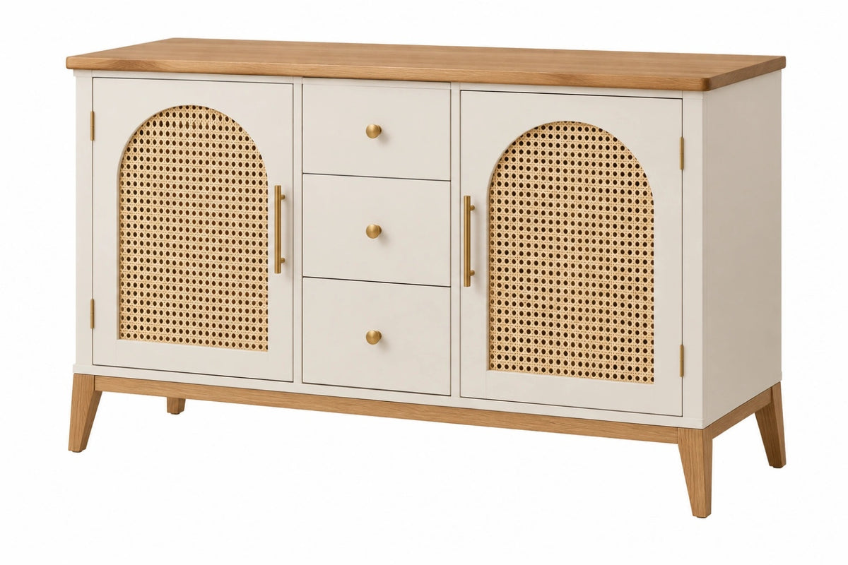 Credenza 140 x 40 x 85 cm in legno bianco e naturale con ante in rattan - stile nordico contenitore - CORMELVIA