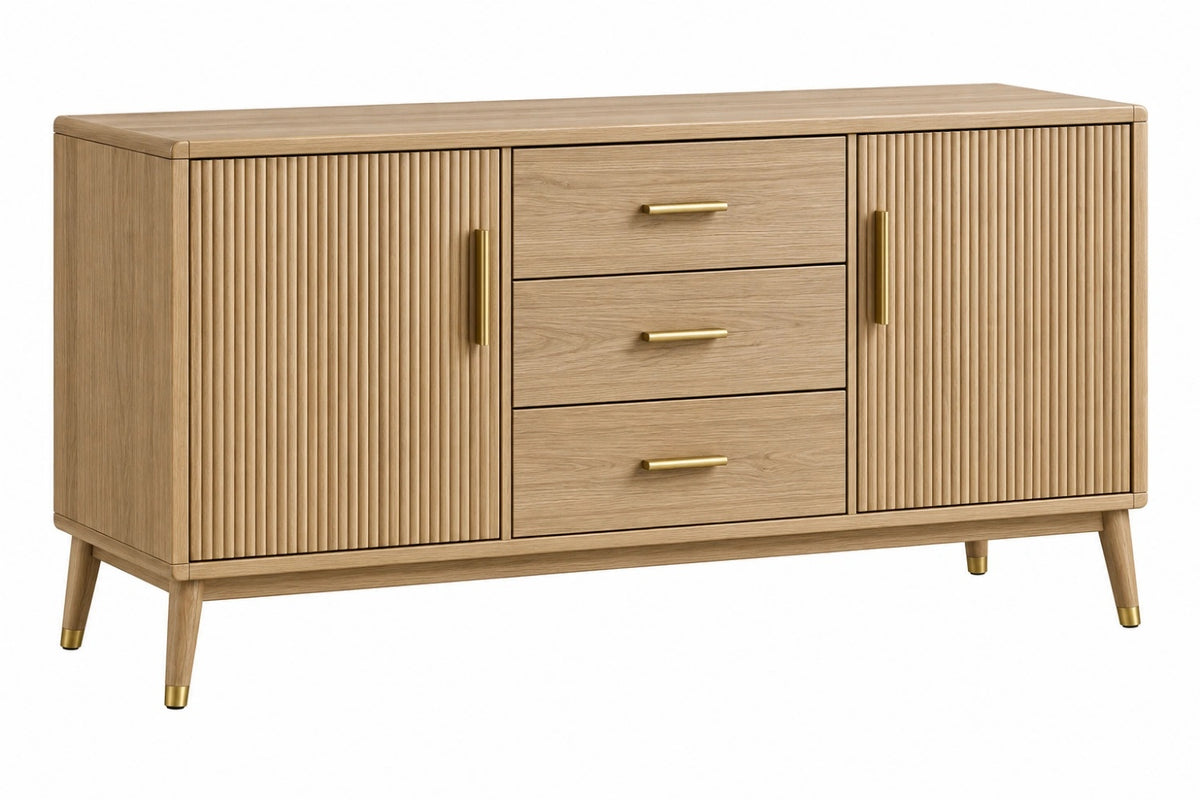 Credenza 160 x 45 x 85 cm in legno marrone con 3 cassetti e 2 ante scanalate - CORMELVIA