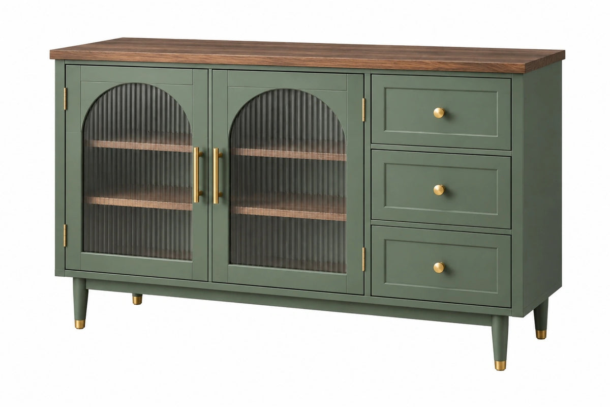 Credenza 140 x 40 x 85 cm in legno verde con ante in vetro scanalato stile retrò - CORMELVIA