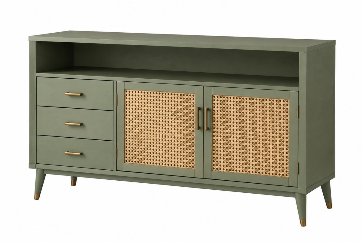 Credenza 160 x 40 x 85 cm in legno verde con rattan intrecciato - mobile contenitore con 3 cassetti e 2 ante - CORMELVIA