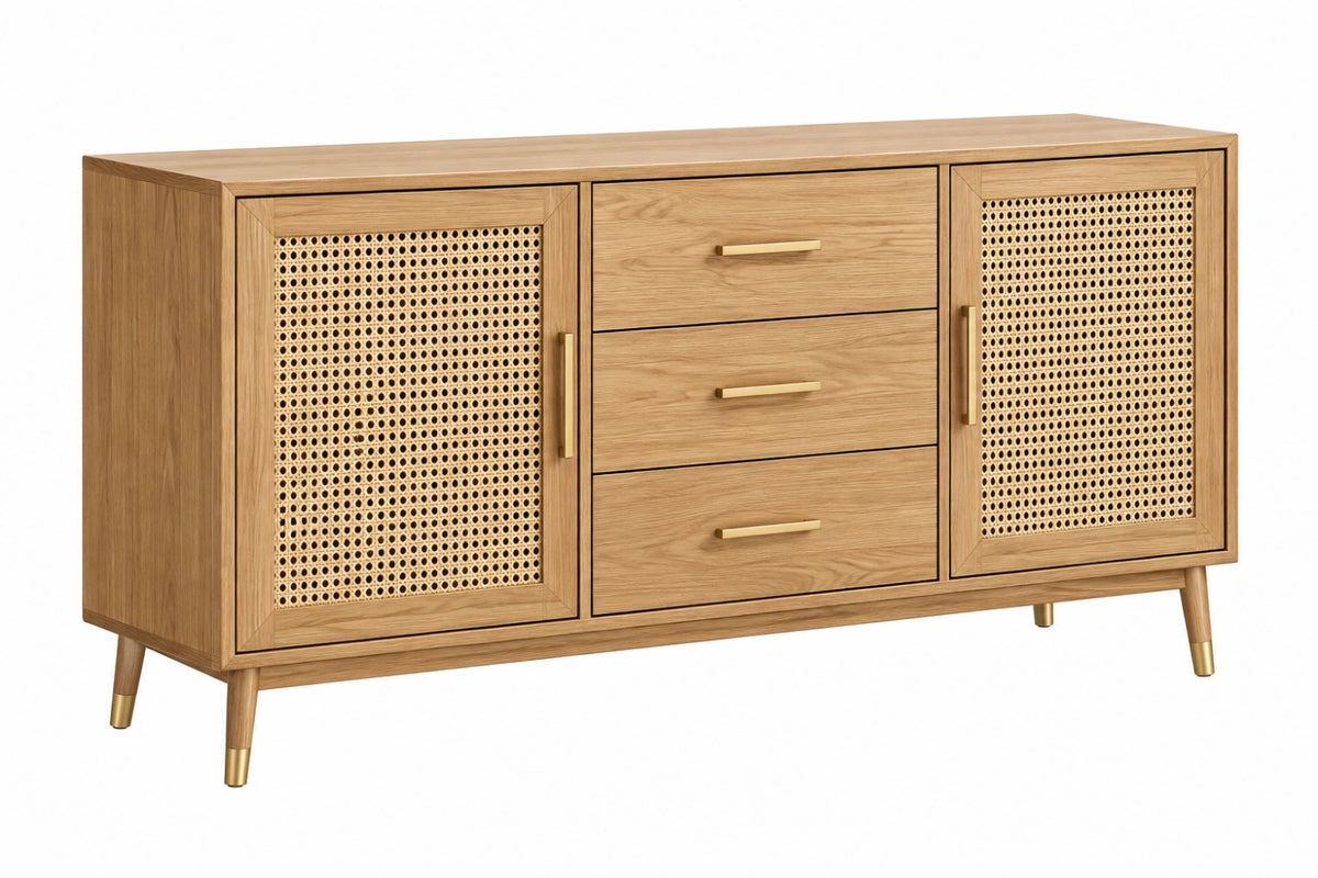 Credenza 160 x 45 x 80 cm in legno naturale e rattan con 3 cassetti e 2 ante stile retrò - CORMELVIA