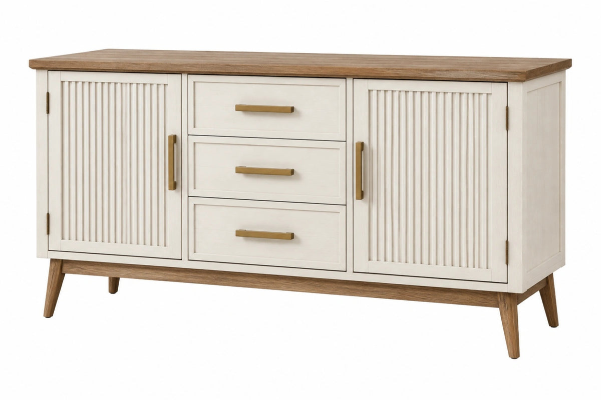 Credenza 150 x 45 x 85 cm in legno bianco e naturale con 3 cassetti e 2 ante stile moderno - CORMELVIA