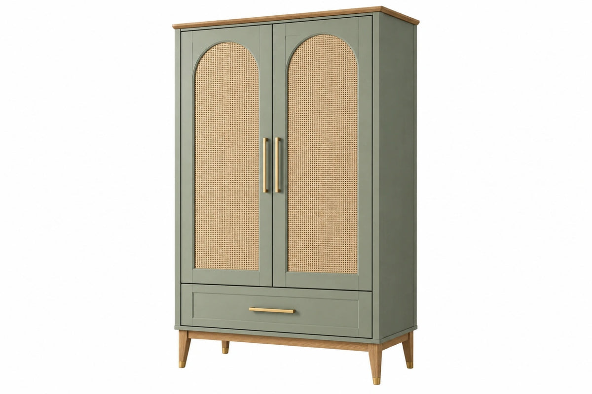 Armadio 100 x 50 x 180 cm in legno verde salvia con rattan - contenitore a 2 ante e cassetto - CORMELVIA