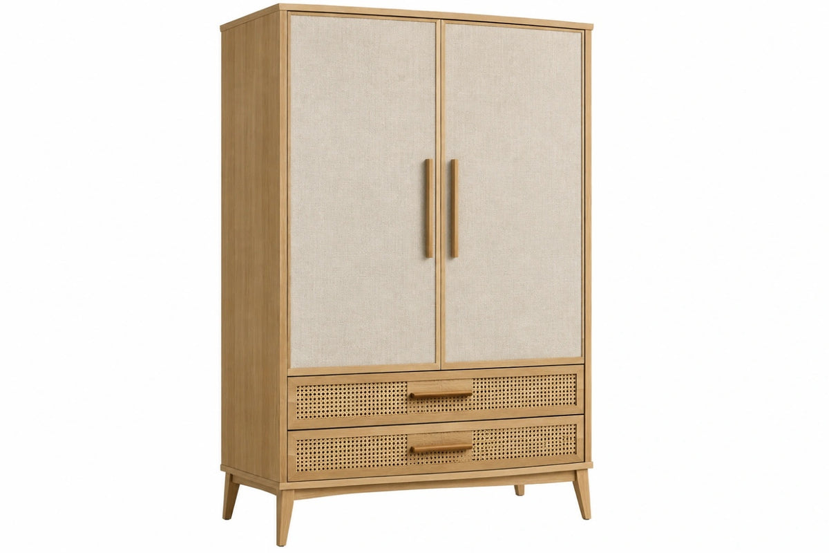 Armadio guardaroba 100 x 50 x 190 cm in legno naturale con ante in tessuto e cassetti in rattan - stile nordico - CORMELVIA
