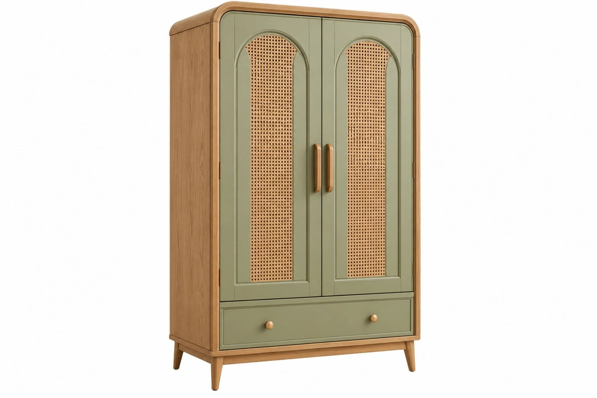 Armadio 100 x 50 x 180 cm in legno verde salvia con rattan intrecciato - 2 ante e cassetto stile retrò - CORMELVIA