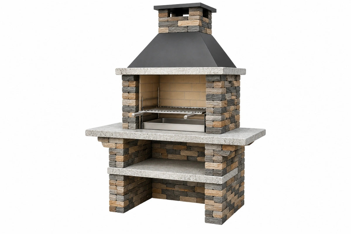 Barbecue da giardino 130 x 75 x 220 cm in pietra e acciaio nero con griglia - CORMELVIA