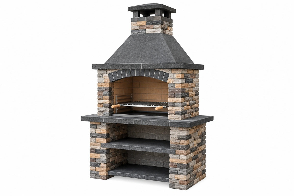 Barbecue da giardino 120 x 70 x 210 cm in pietra grigio beige con griglia stile rustico - CORMELVIA