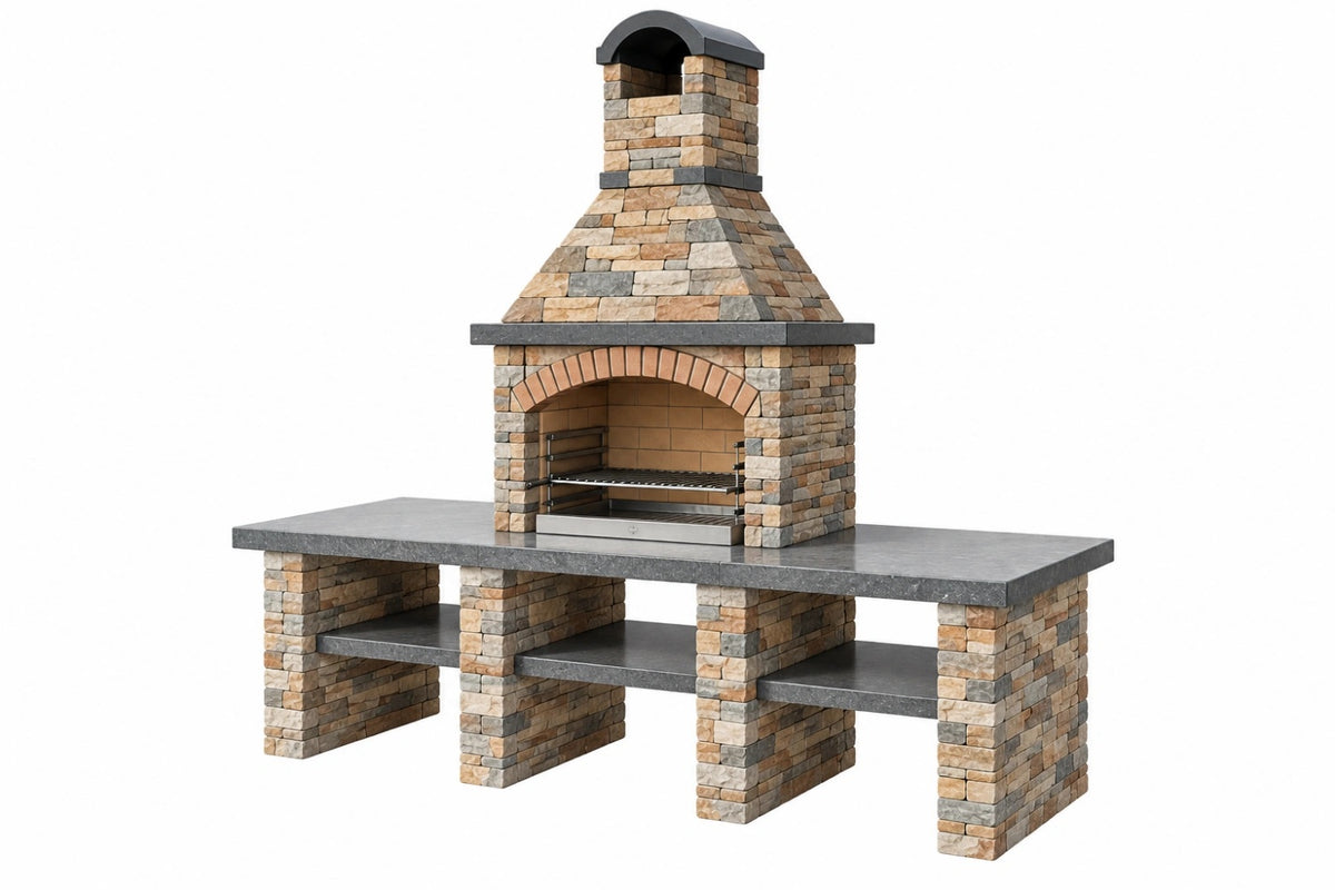 Barbecue da giardino in pietra 200 x 70 x 230 cm beige grigio con camino e piano di lavoro - CORMELVIA