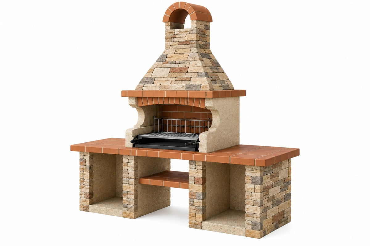 Barbecue da giardino 160 x 80 x 230 cm in pietra e mattoni refrattari con camino - CORMELVIA
