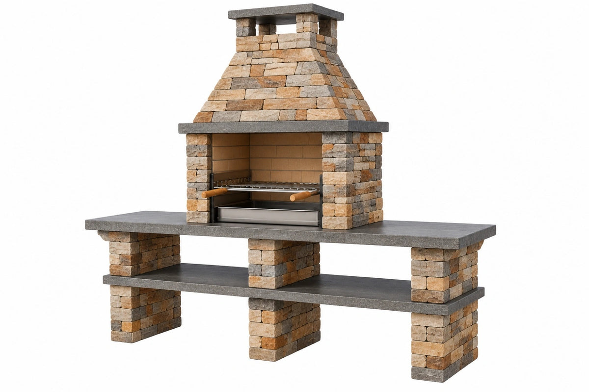 Barbecue da giardino 200 x 70 x 230 cm in pietra beige grigio con griglia in acciaio stile rustico - CORMELVIA