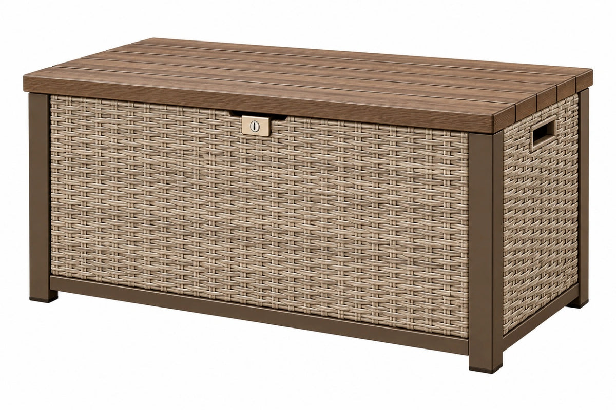 Baule contenitore da esterno 120 x 60 x 65 cm in rattan sintetico beige e marrone con coperchio rigido - CORMELVIA