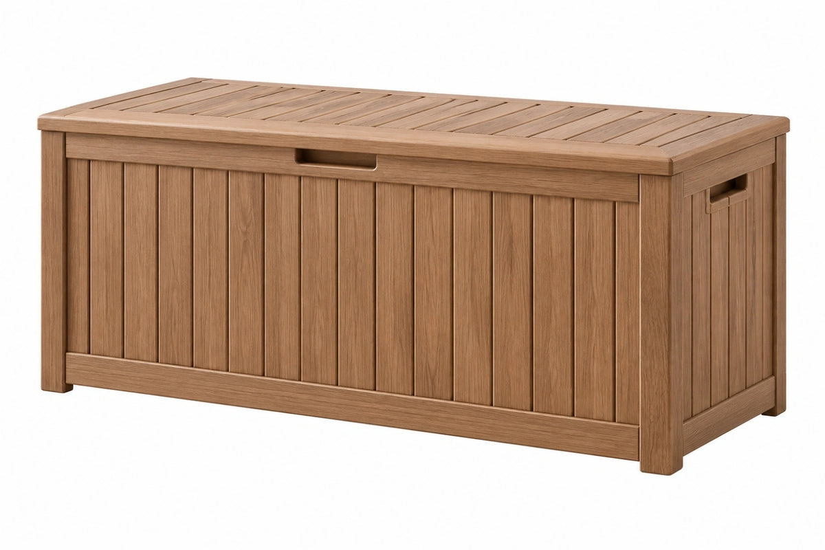 Cassapanca contenitore da esterno 120 x 60 x 60 cm in legno marrone - design a doghe con coperchio - CORMELVIA
