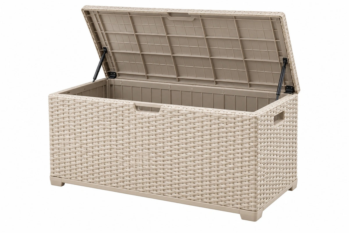 Cassa contenitore da esterno 120x56x63 cm in resina beige effetto rattan con coperchio sollevabile - CORMELVIA