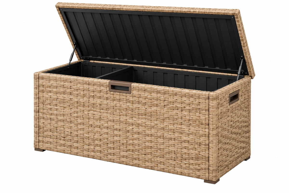Baule da esterno 120 x 60 x 63 cm in rattan sintetico beige con coperchio sollevabile - CORMELVIA