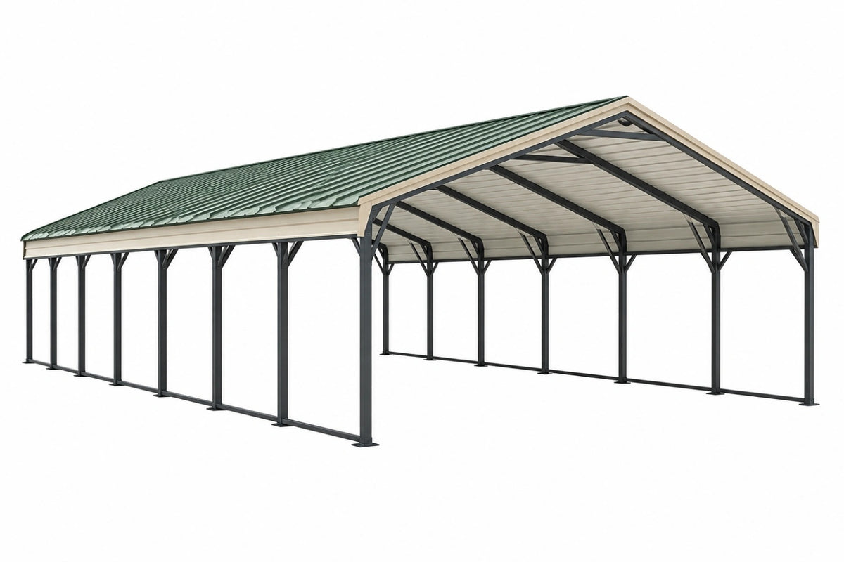 Tettoia per auto 600 x 600 x 320 cm in acciaio grigio antracite e verde con tetto a due falde - CORMELVIA