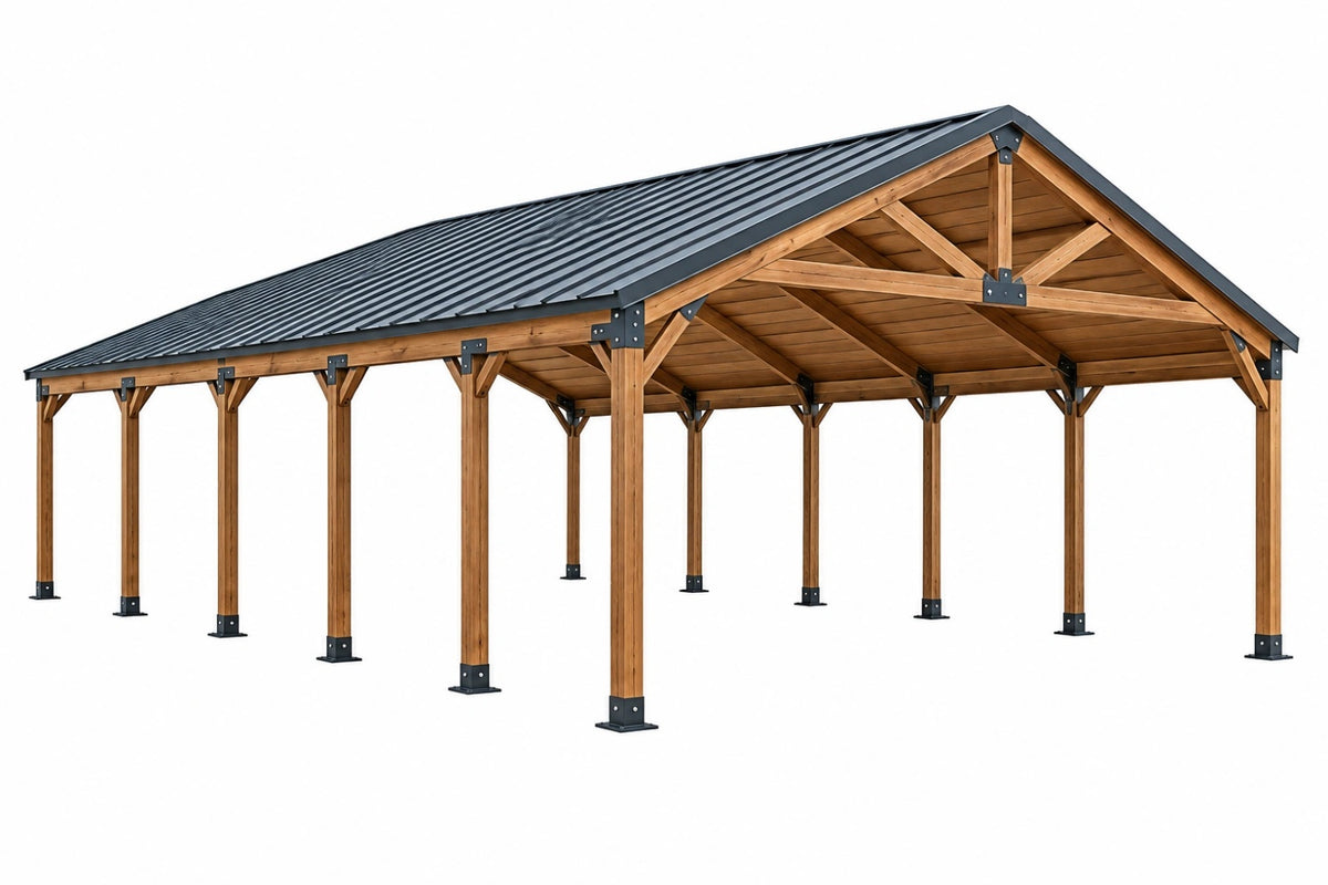 Carport da giardino 600x400x320 cm in legno marrone con tetto in metallo grigio - struttura coperta per esterni - CORMELVIA