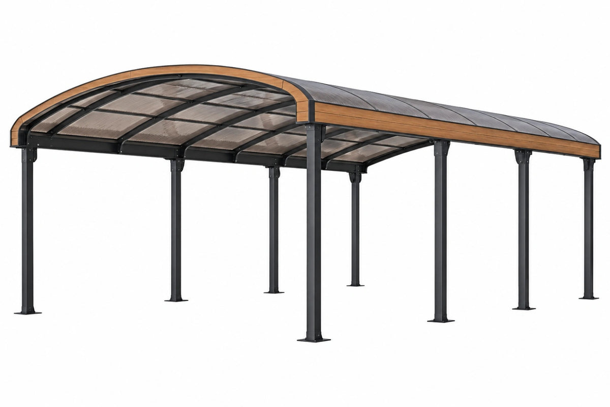 Carport 600 x 300 x 280 cm in metallo nero e policarbonato fumé - tetto curvo per auto - CORMELVIA