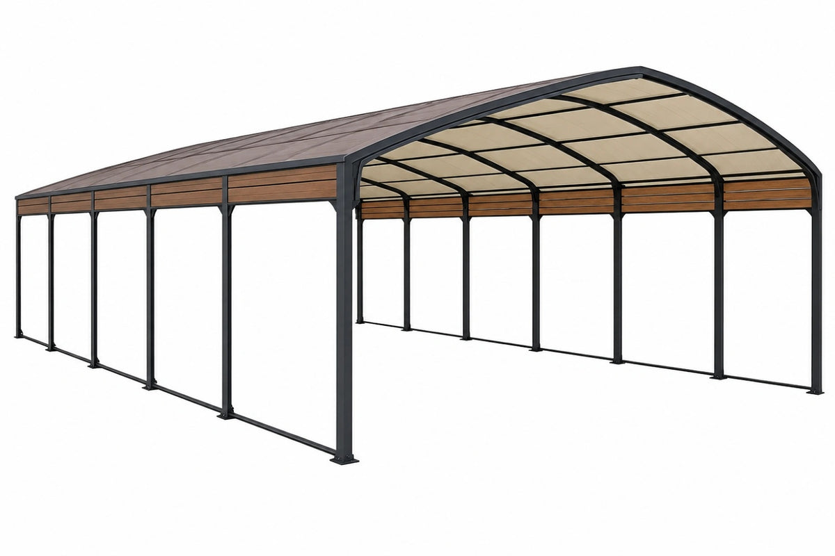 Pergola copriauto doppia 600x600 cm in metallo nero e pannelli traslucidi per esterno - CORMELVIA