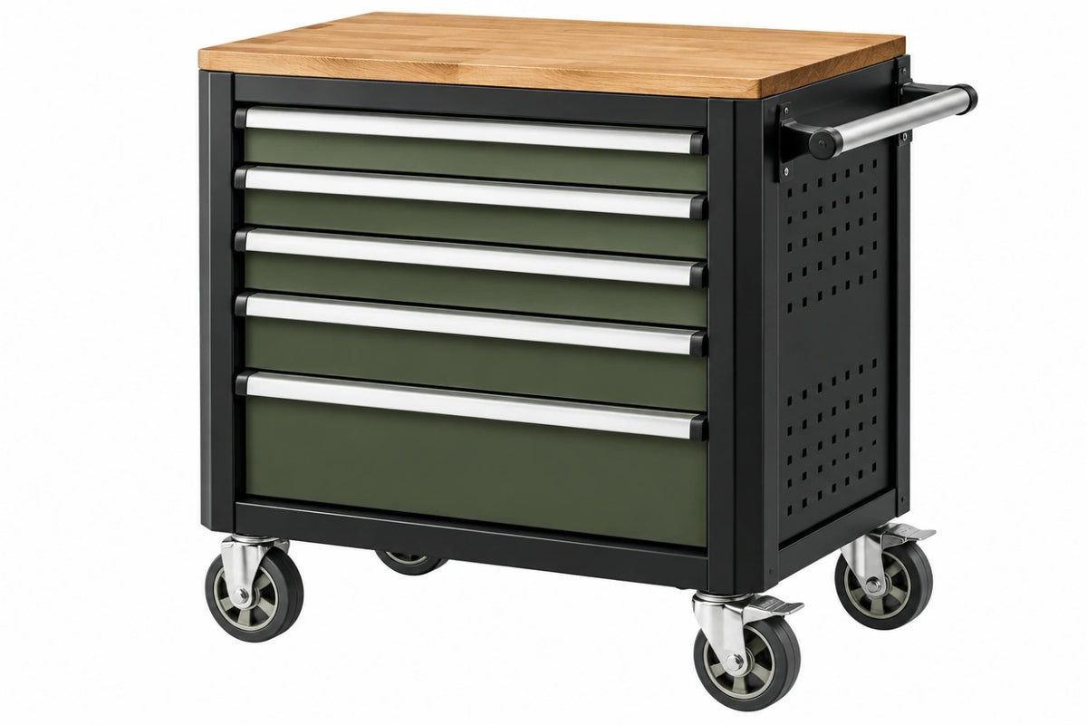 Carrello portautensili 80 x 50 x 95 cm in acciaio nero e legno con 5 cassetti su ruote - CORMELVIA
