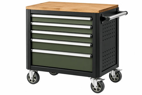 Carrello portautensili 80 x 50 x 95 cm in acciaio nero e legno con 5 cassetti su ruote - CORMELVIA