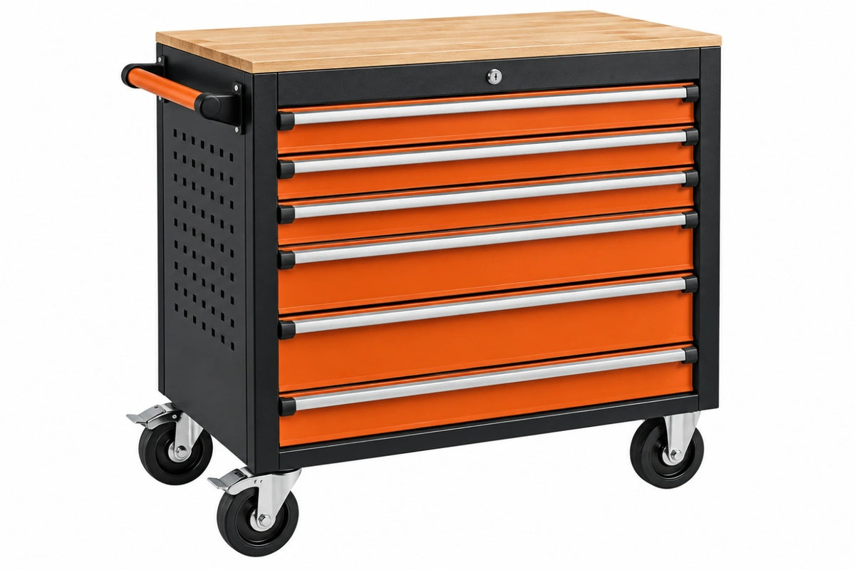 Carrello portautensili 78 x 46 x 98 cm in acciaio nero e arancione con 7 cassetti e ruote - CORMELVIA