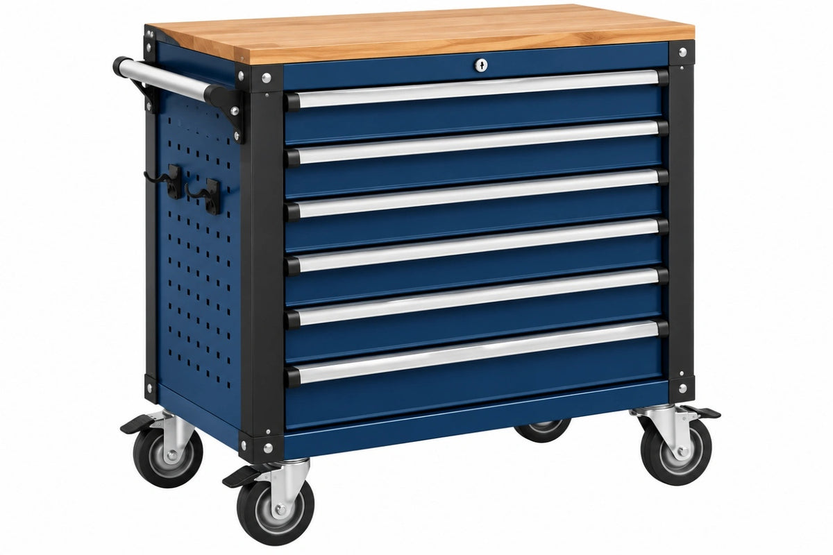 Carrello portautensili 80 x 50 x 95 cm in acciaio blu con piano in legno e 7 cassetti - CORMELVIA