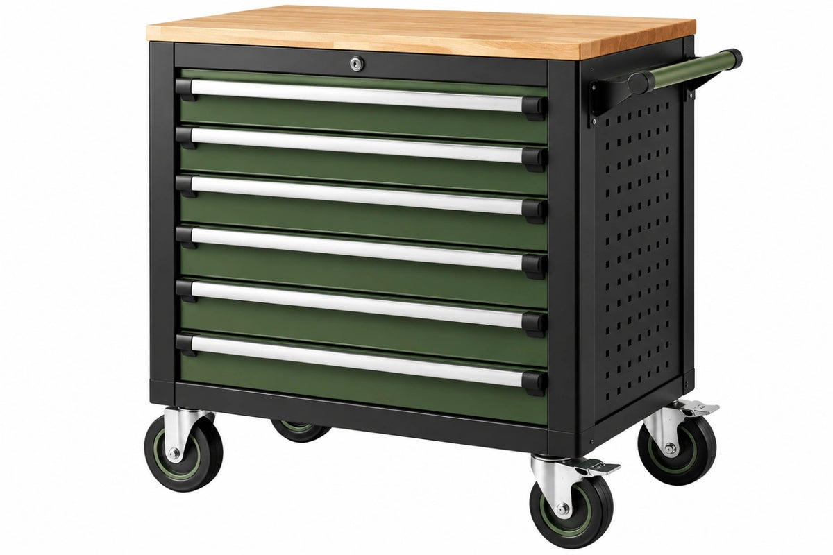 Carrello portautensili 72 x 46 x 95 cm in acciaio verde con piano in legno e 7 cassetti - CORMELVIA