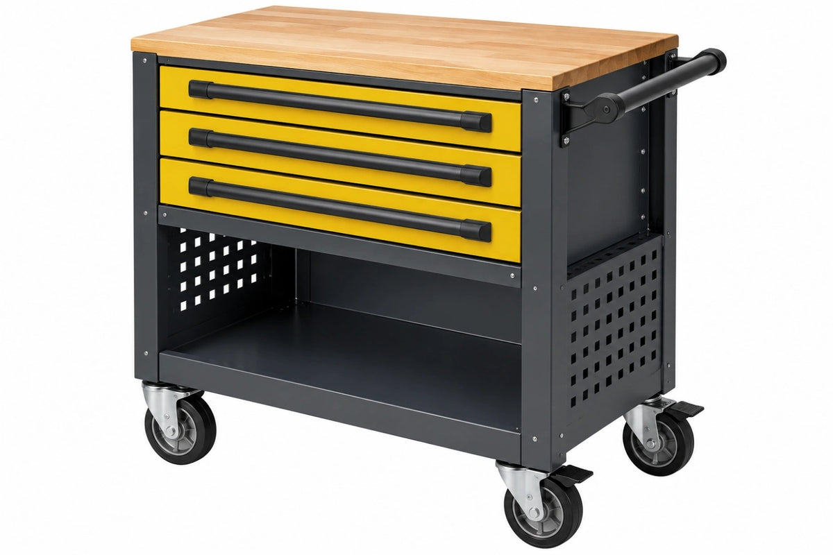 Carrello portautensili 90 x 50 x 95 cm in acciaio nero e giallo con piano in legno e 3 cassetti - CORMELVIA