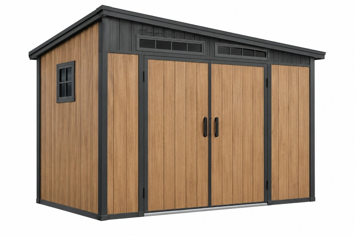 Casetta da giardino 300 x 220 x 230 cm effetto legno naturale e nero con doppia porta - CORMELVIA
