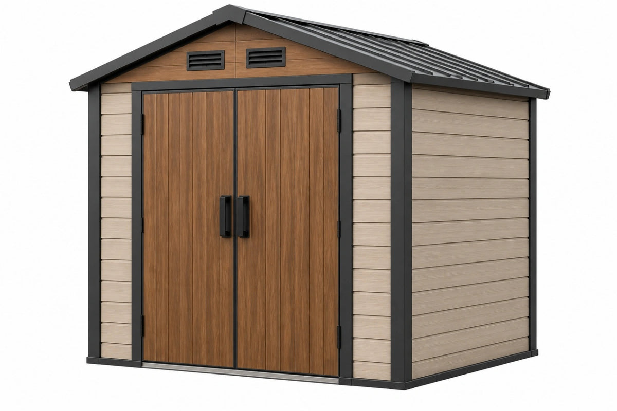 Casetta da giardino 240 x 180 x 220 cm in resina e metallo beige marrone con doppia porta ventilata - CORMELVIA