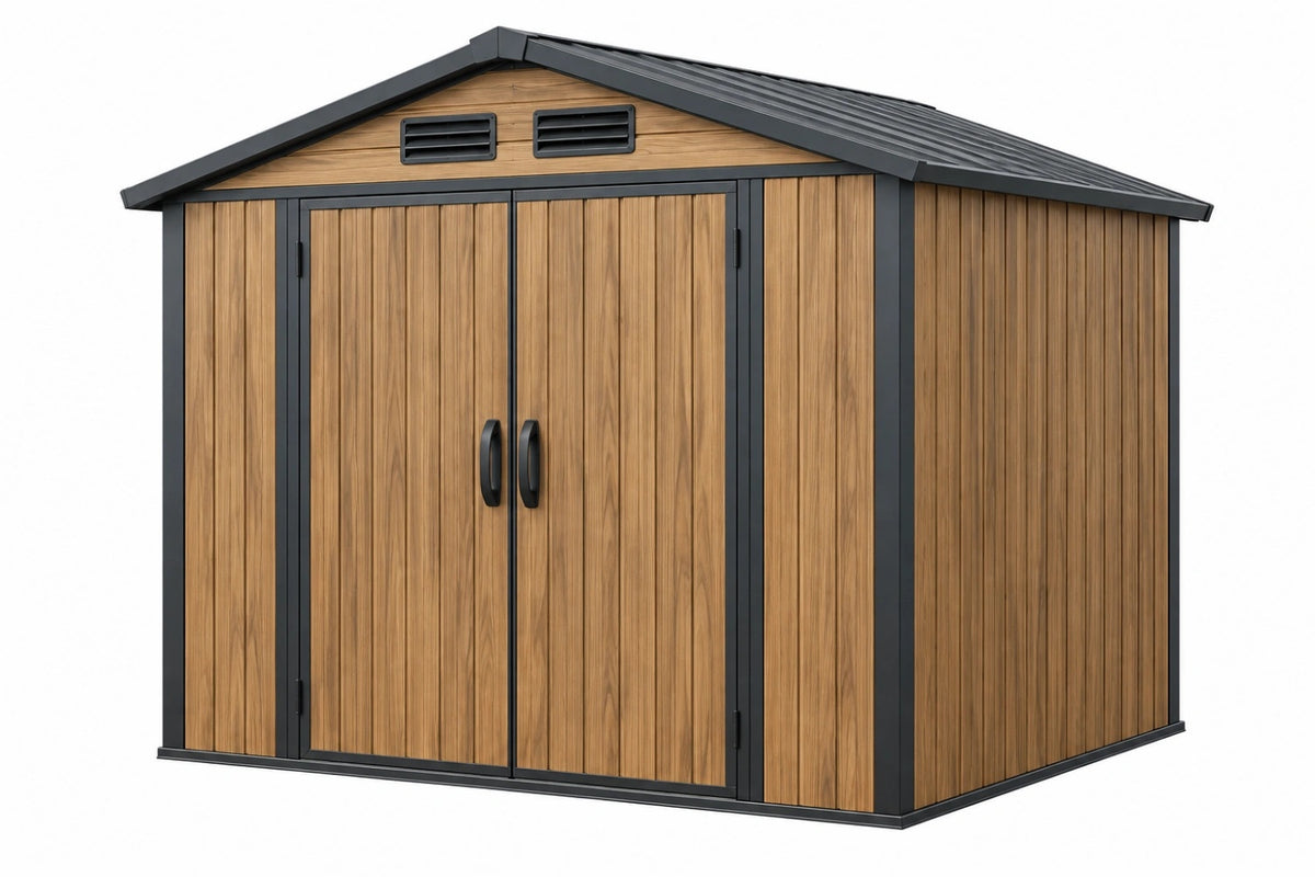 Casetta da giardino 200 x 150 x 180 cm in metallo effetto legno marrone con doppia porta - CORMELVIA