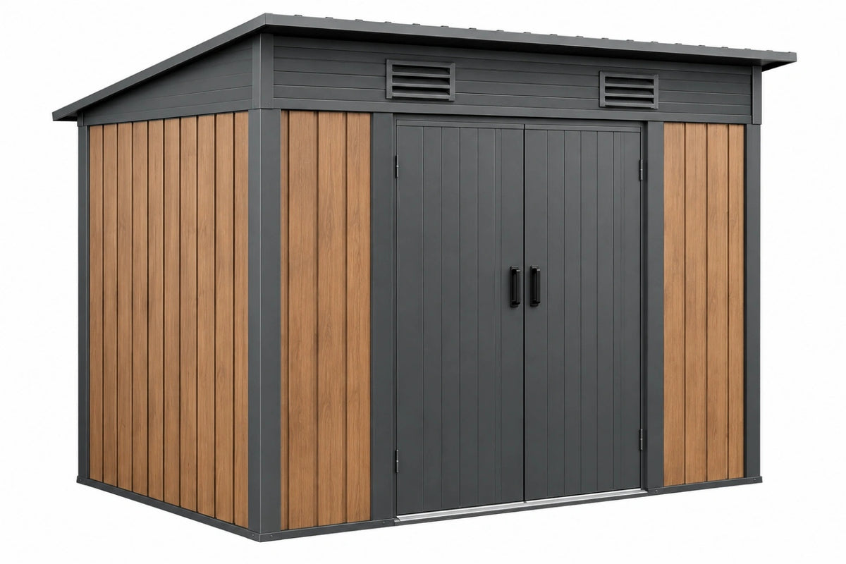 Casetta da giardino 213 x 127 x 185 cm in metallo grigio antracite e effetto legno - deposito esterno con doppia porta - CORMELVIA