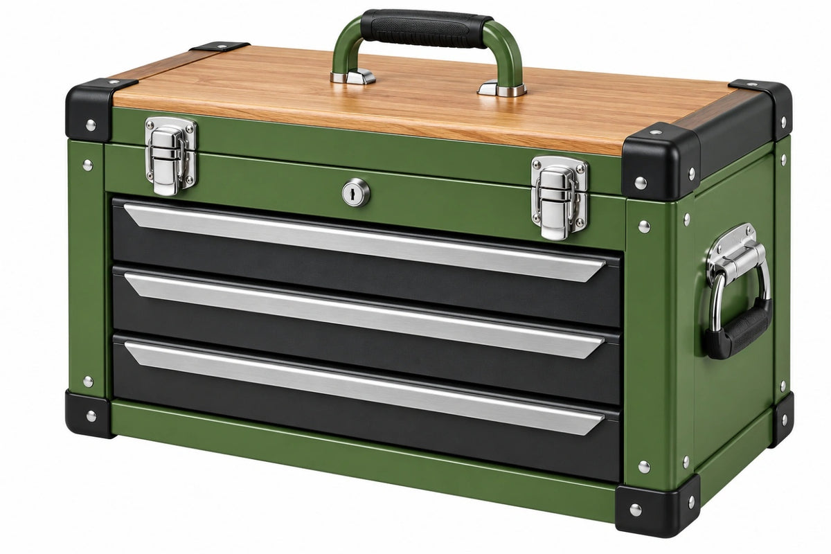 Cassetta portautensili 60 x 30 x 40 cm in metallo verde con piano in legno - 3 cassetti con serratura - CORMELVIA