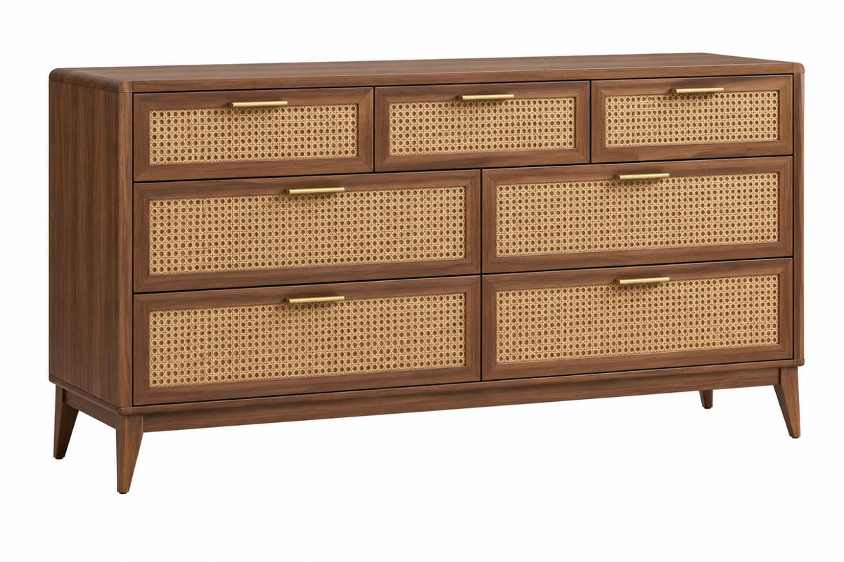 Cassettiera 160 x 45 x 90 cm in legno marrone e rattan - contenitore stile retrò - CORMELVIA