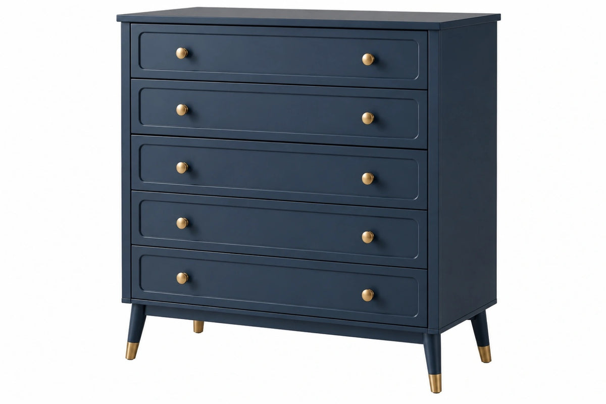Cassettiera 120 x 45 x 110 cm in legno blu navy con 5 cassetti stile moderno - CORMELVIA