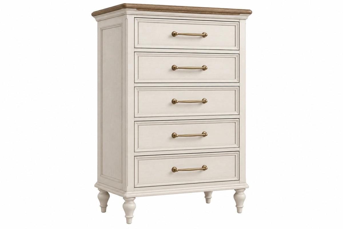 Cassettiera 90 x 45 x 130 cm in legno bianco e noce a 5 cassetti stile classico - CORMELVIA